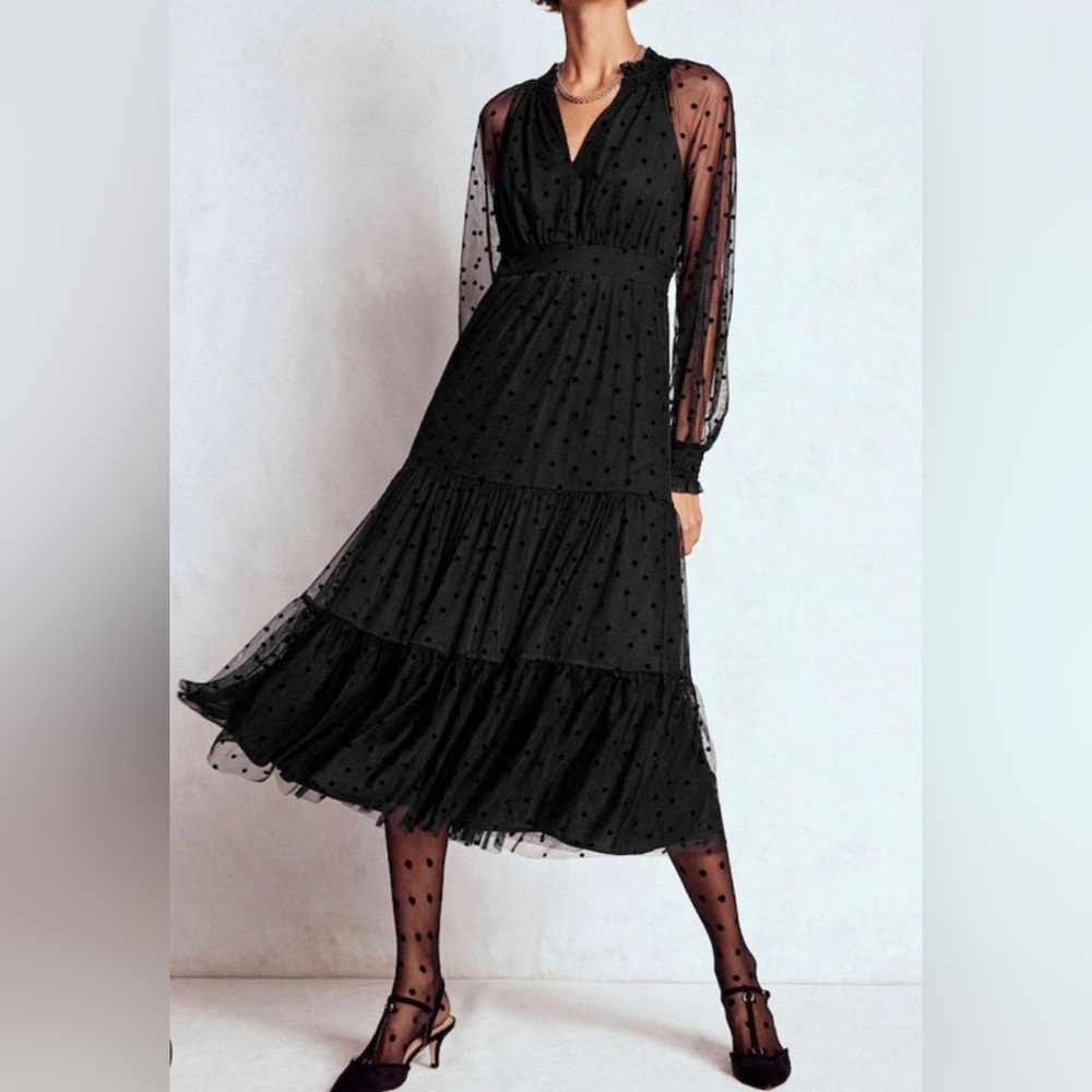 BODEN Black Lucille Tulle Elegant Sheer Polka Dot Dress.
